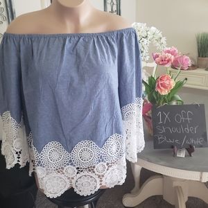 Blue and white off the shoulder blouse 1X
